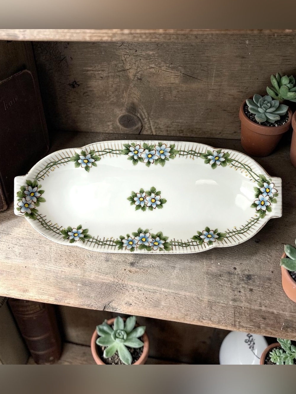 Antique Nippon 12" Porcelain Floral Dish Blue Green Gold Hand Painted Japan